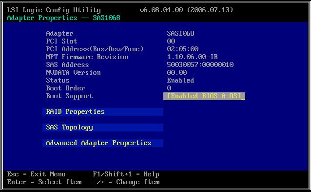 2.3 各情報の参照 Adapter Properties 画面が表示されます 項目 Adapter PCI Slot PCI Address MPT Firmware Revision SAS Address NVDATA Version Status Enabled Disabled Error Boot Order Boot Support 説明 アレイコントローラの名称が表示されます