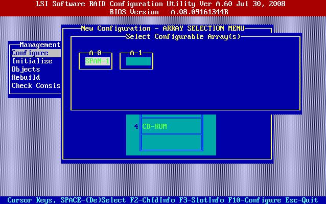 2.2 アレイの構成と削除 5 Enter キーを押して SPAN のうち 1 つを確定した後 残り 2 台のディスクにカーソルを合わせ Space キーを押します 6 F10 キーを押します Select Configurable