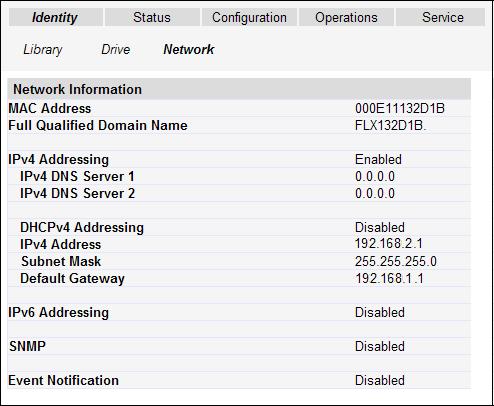 6.2 リモートマネジメント 6.2.6.3 静的なネットワーク情報の表示 [Identity] : [Network] ページは ネットワークに関する詳細情報を提供します MAC Address 本装置コントローラーのネットワークインターフェースの一意識別子です Full Qualified Domain Name テープライブラリのドメイン名です IPv4 Address