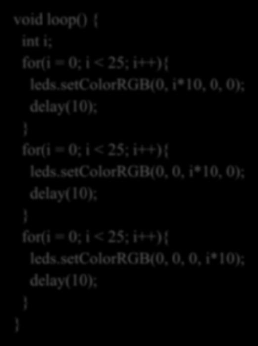 init(); CLED 250ms 250ms 250ms void loop() { int i; for(i = 0; i < 25; i++){ leds.