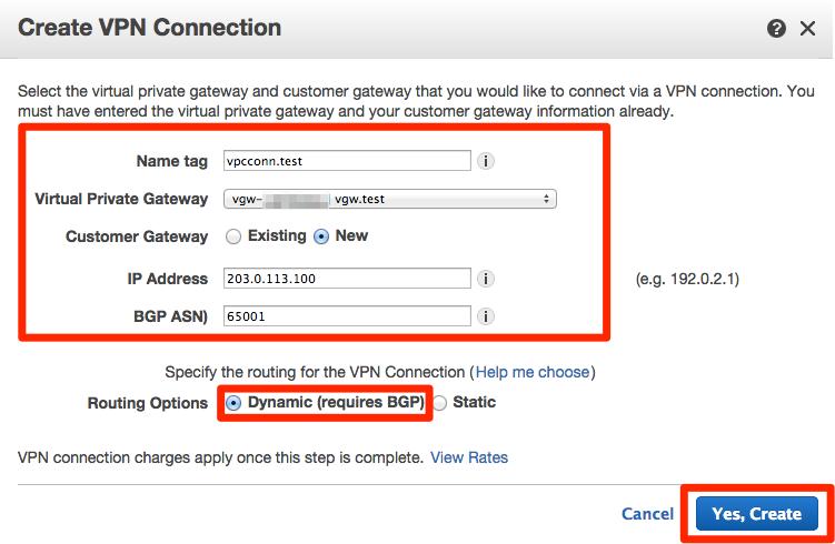 3.1.3. VPN Connection の作成 マネージメントコンソールから [Services]- [VPC] を選択し 左メニューの VPC Connections にある VPN Connections をクリックし メイン画 面の Create VPN Connection のボタンをクリックします ルーティング設定 (BGP と Static) によって 設定画 面が異異なります