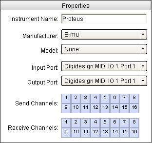 画面の操作 作成 (Create) 新規インストゥルメントを装置名のリストに追加します 削除 (Delete) インストゥルメントのリストで選択したインストゥルメントを削除します プロパティ このセクションでは リストで選択したインストゥルメントまたは新規インストゥルメントの設定を変更することができます インポート (Import) 既存の MIDI スタジオ設定ファイルをインポートします