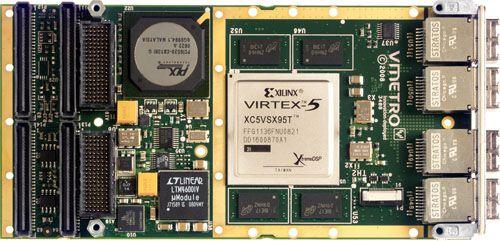 SX95T/LX155T/FX100T を高速メモリと搭載した 4ch 光 IFボード 高速シリアル用 XMC コネクタを2 個搭載 仕様 :Virtex-5 SX95T/LX155T/FX100T OS:Windows VxWorks, Linux メモリ :512MB フロントI/O:LC 3.