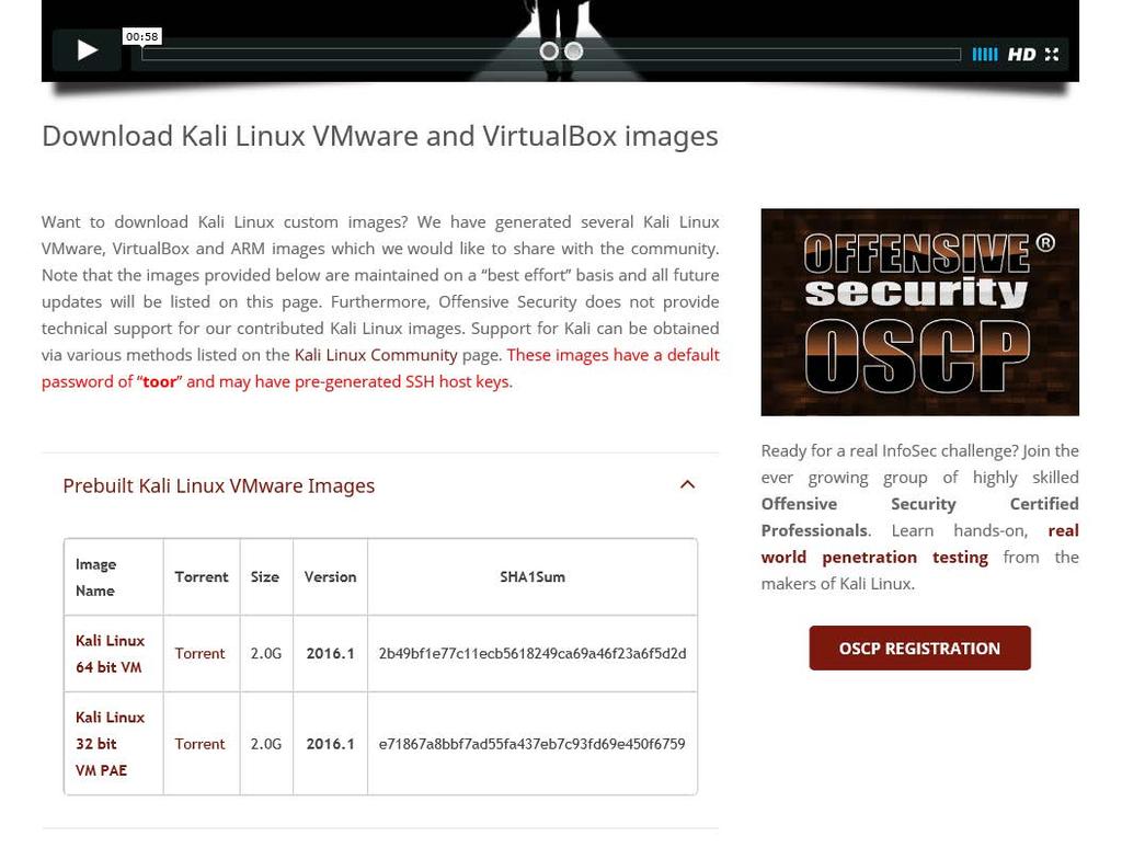 KALI VIRTUAL IMAGES のダウンロード画面に遷移します