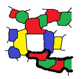 辺国の上下の国々が繋がっていない (ⅱ)4 辺国の上下の国々が繋がっているこの 2 パターンを証明する ( 以下 連続する国々を 鎖 と呼ぶことにする ) (ⅰ)4 辺国の上下の国々が繋がっていないとき真ん中の 4 辺国は赤 黄 緑 青の 4 色に挟まれているため 5 色目が必要になってしまうので