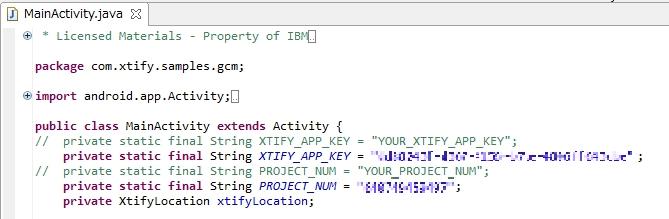 サンプルアプリの Build MainActivity > src > com.xtify.samples.gcm > MainActivity.