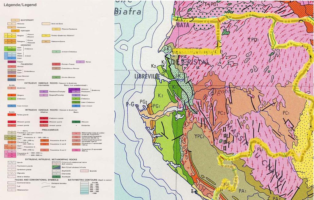 地質図 UNESCO Geological World Atlas 8. 鉱山概要 同国南東部 Moanda 地域の原生代の Francevillian 盆地ではいくつかのピットから高品 位二酸化マンガン鉱を採掘している 鉱量は年間 2.