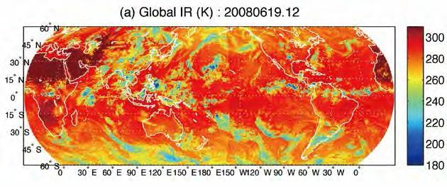降水データを数値気象モデルに導入することで気象予報の精度向上に貢献する研究を進めています 日本周辺のマイクロ波放射計シミュレーション結果の例 10.65 GHz(H) 10.65 GHz(V) 19.35 GHz(H) 19.35 GHz(V) 21.