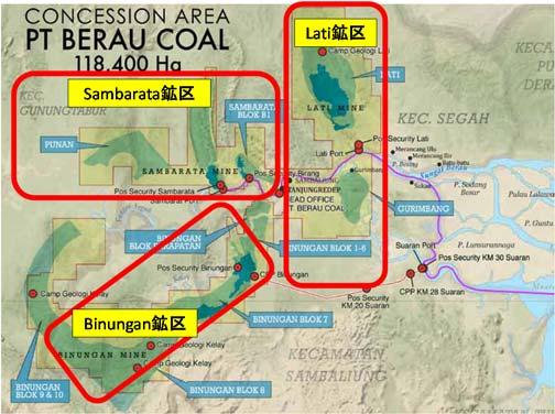 出典 :PT. Berau Coal 図 4.1-24 鉱区位置 (c) 石炭生産量 販売量 ( 輸出量 国内販売量 ) Berau 炭鉱の 2011 年から 2016 年までの石炭生産量 輸出量 国内消費量 販売量推移を図 4.