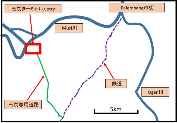 3-16 に石炭ターミナルと Jetty の位置を示す Palembang の市街に近い位置である 出典 : 資料を元に作成 図 5.