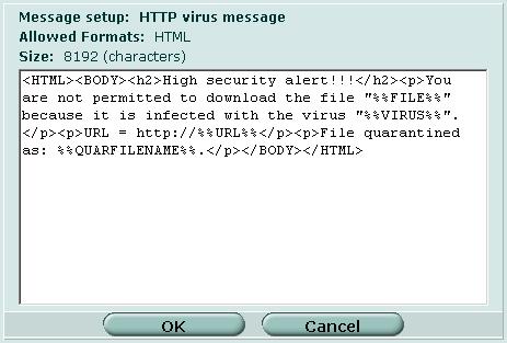 差し替えメッセージ システム - 設定 [Name] [Description] 編集または表示アイコン 差し替えメッセージの種類 カテゴリを展開または縮小するには 青色の三角形を選択します メッセージを変更して以下に追加できます ウイルス感染ファイルが添付された電子メール Web ページ (http) ftp セッション 警告メールメッセージ スパムとしてブロックされた smtp 電子メール