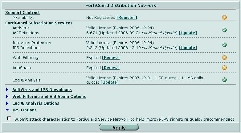 システム - メンテナンス FortiGuard Center サポート契約および FortiGuard サブスクリプションサービス サポート契約および FortiGuard サブスクリプションサービスのセクションは システムステータスのページに短縮形式で表示されます 41 ページの システムステータスの表示 を参照してください 図 89: サポート契約および FortiGuard