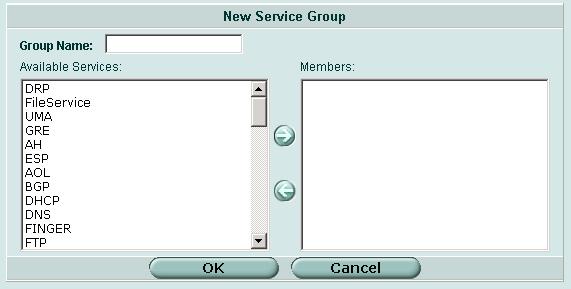 サービスグループの設定 ファイアウォール - サービス サービスをサービスグループに構成するには [Firewall] [Service] [Group] の順に選択します 図 141: サービスグループのオプション [Group Name] [Available Services]