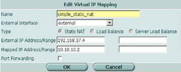 Static NAT [External IP Address/Range] [Map to IP/IP Range] Web サーバのインターネット IP アドレス 外部 IP アドレスは Web サーバの ISP から取得したスタティック IP アドレスである必要があります このアドレスは 別のホストが使用しない固有の IP アドレスでなければならず 仮想 IP