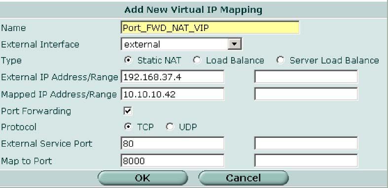 ファイアウォール - 仮想 IP 仮想 IP の設定 [Port Forwarding] [Protocol] [External Service Port] [Map Port] 選択 TCP インターネットからのトラフィックが使用するポート Web サーバに対するポートは通常 ポート 80 です サーバがトラフィックを待つポート ポートは 1 つだけなので 2