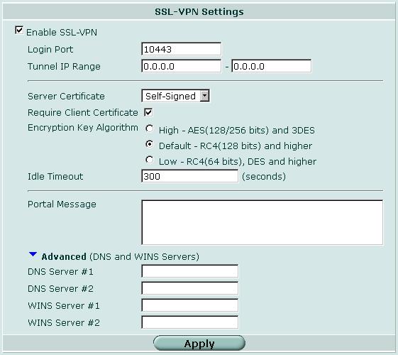 Config VPN - SSL 図 186: [SSL-VPN Settings] [Enable SSL VPN] [Login Port] [Tunnel IP Range] [Server Certificate] [Require Client Certificate] [Encryption Key Algorithm] [Default - RC4(128 bits) and