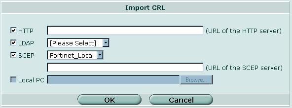 CRL VPN - 証明書 図 200: CRL のインポート [HTTP] [LDAP] [SCEP] [Local PC] CRL を取り込むのに HTTP サーバを使用する際に選択します HTTP サーバの URL を入力します CRL を取り込むのに LDAP サーバを使用する際に選択します ドロップダウンリストから LDAP サーバを選択します CRL を取り込むのに SCEP