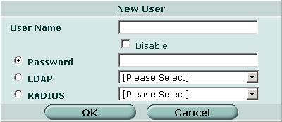 RADIUS サーバ ユーザ ユーザアカウントの設定 [User] [Local] の順に選択し [Create New] か または既存のユーザアカウントの編集アイコンを選択します 図 204: ローカルユーザのオプション [User Name] [Disable] [Password] [LDAP] [RADIUS] ユーザ名を入力または編集します このユーザが認証されないようにするには