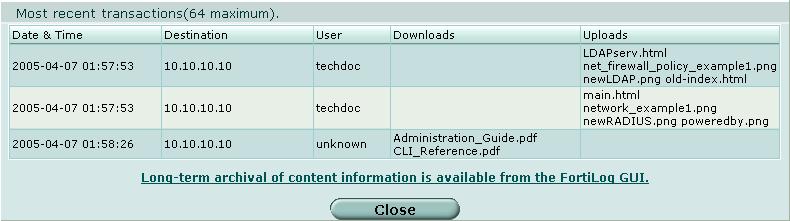 アクセス時刻 [Destination] アクセスされた FTP サーバの IP アドレス [User] FTP サーバにログインしたユーザ ID [Downloads] ダウンロードされたファイル名 [Uploads] アップロードされたファイル名 アーカイブされた IM コンテンツ情報の表示 1 [System] [Status] の順に選択します 2