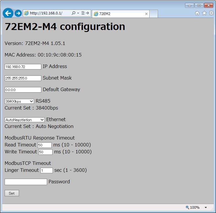 2.8 コンフィギュレータ 72EM2-M4 の IP アドレス サブネットマスク デフォルトゲートウェイ 伝送速度を変更する場合に使用します Web ブラウザ (Internet Explorer 6.