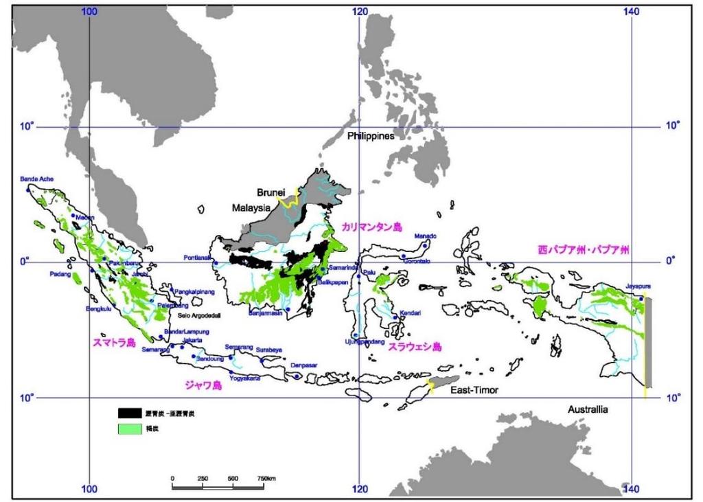 5) 石炭に関する動向 a) インドネシアにおける石炭資源概要 1 石炭の分布 資源量 埋蔵量 図 1-23 にインドネシアの石炭の分布を示す 大規模に存在するのはスマトラ島 カリマンタン島で あり スラウェシ島や最大の人口を擁するジャワ島やにはわずかな分布となっている 図 1-23 インドネアの石炭分布の状況 出典 :JCOAL 提供資料 情報に基づき調査団作成