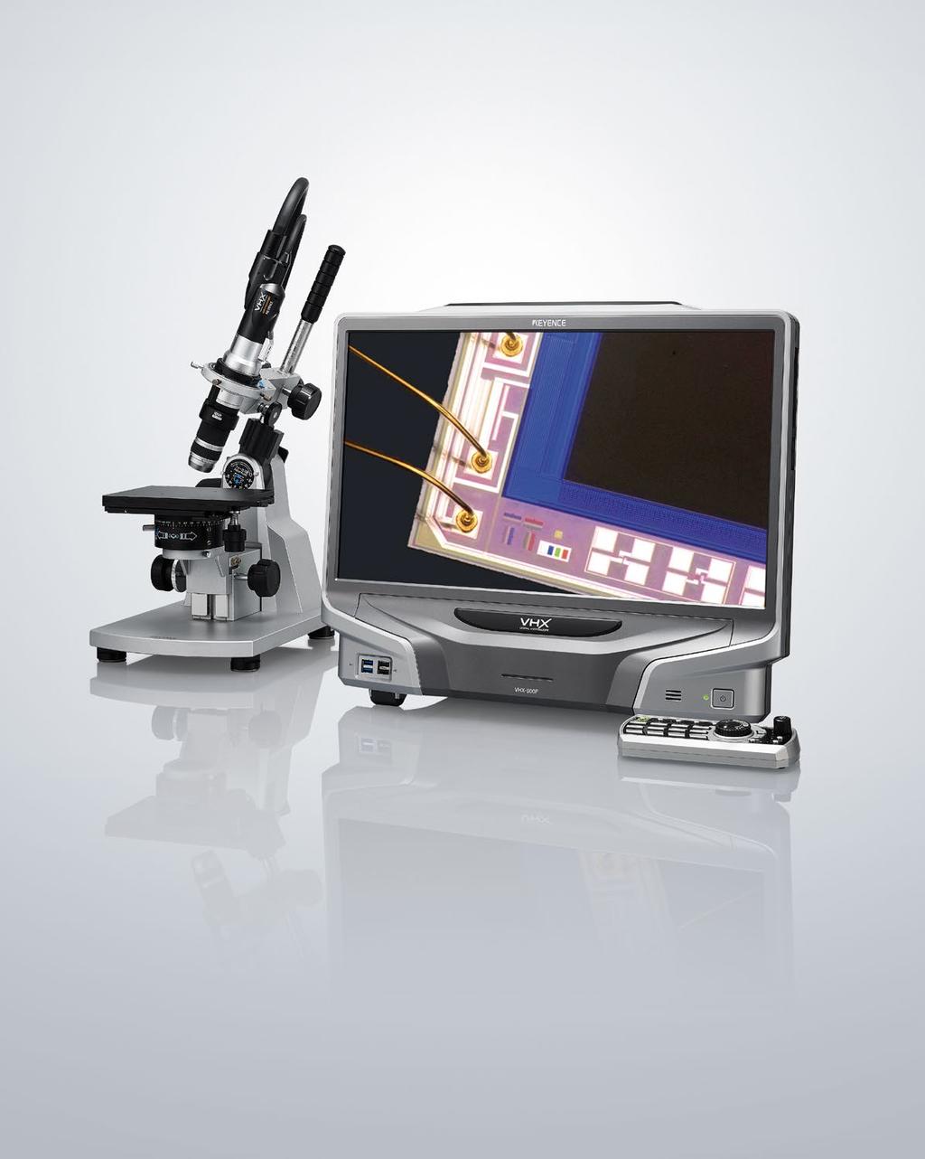 エントリーモデル VHX-900F よく使う機能を シンプルな操作性で実現 深い フリーアングル 観る 録る 測るが 深度合成 & 被写界深度 観察 1 台に集約 3D 表示機能 光学顕微鏡と比べて