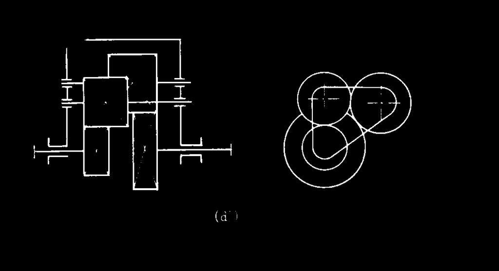 ラビニヨー型と呼ばれている 図.-6 (d) 型の無段変速機の例 6 図.-7 (d) 型の変形例 3.3 3 型図.-8 にその例を示すように キャリア軸が基本軸とならないでユニットの内部に収まり 3 個の太陽車軸 によって基本軸が構成される形である 例えば図.