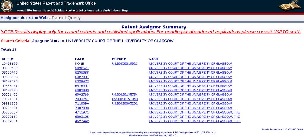 特許譲渡情報の検索 AOTW-P(9) 譲渡人グラスゴー大学で検索すると 14 件がヒットしました 先の結果の 13 件と 1 件異なります 57 特許譲渡情報の検索 AOTW-P(10) 譲受人 CRUSADE
