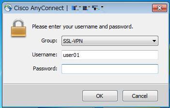 4) ASA で設定した VPN クライアントのユーザ名とパスワードを入力して VPN に接続します 1