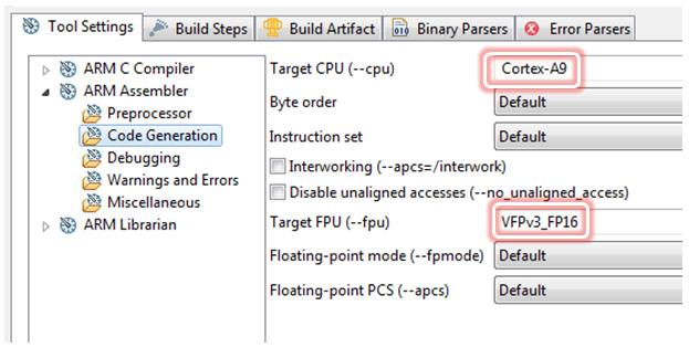 手順 2 - DS-5 ツール : BSP のインポートとビルド ARM C アセンブラで Zynq デバイス固有の [Code Generation] パラメーターを設定します - --cpu