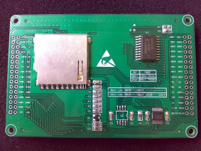 タッチパネル付けの 3.2 インチ TFT 液晶の裏面 SD カードソケット 16Mbit SPI Flash(AT45DB161D) 未実装 タッチパネル コントロー ラ (SPI インターフェース ) 3.