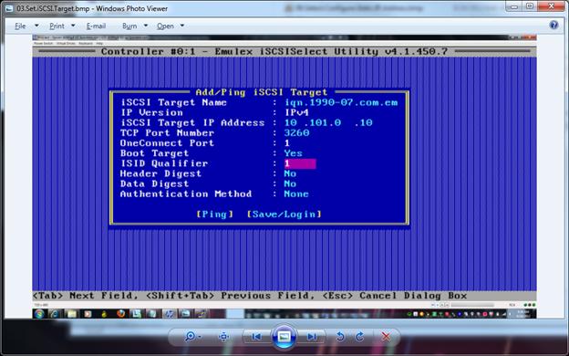 1. 最初に表示される [iscsi Initiator Configuration] 画面が表示されてから カードの IQN を取得し HP 3PAR StoreServ Storage 上にホスト定義を作成します 次に例を示します # createhost iscsi persona 11 Esx50Sys1 iqn.1990-07.com.