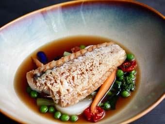 4,200 Crispy Amadai with seasonal vegetables consommé, aroma of ginger JPY 4,200 シェフ自慢の一皿 クリスピー甘鯛 Crispy Amadai - Our Signature Dish The meticulously seared skin of our crispy Amadai (tilefish) is a