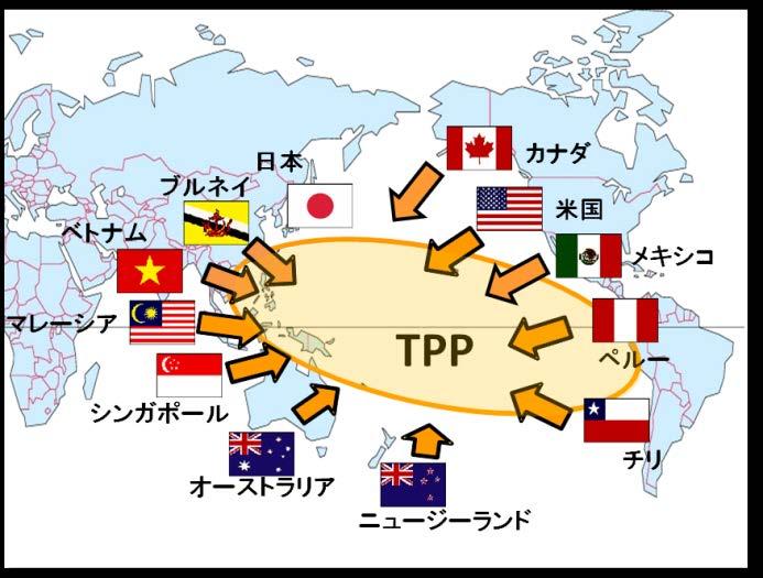 2010 年 3 月ニュージーランド シンガポール チリ ブルネイ (P4 協定加盟 4 カ国 ) 米 豪 ペルー ベトナムの 8 か国で交渉開始 10 月マレーシアが交渉参加 ( 計 9 カ国に ) 2011 年 11 月 APEC 首脳会議 TPP 首脳会合 ( 於 : ホノルル ) 2012 年 11 月メキシコ カナダが交渉参加 2013 年 2