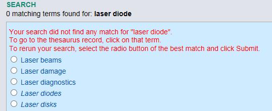 ] シソーラス検索 (Thesaurus Search) 画面で laser diode と入力し Submit ボタンをクリック