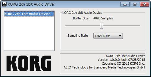 KORG 2ch 1bit AudioDriver- コントロールパネルの設定 Mac では サンプリング周波数の変更は AudioGate または Mac の Audio MIDI 設定から変更してください Windows スタートメニューのコントロールパネルで全てのコントロールパネル項目を表示させ KORG 2ch 1bit Audio Driver