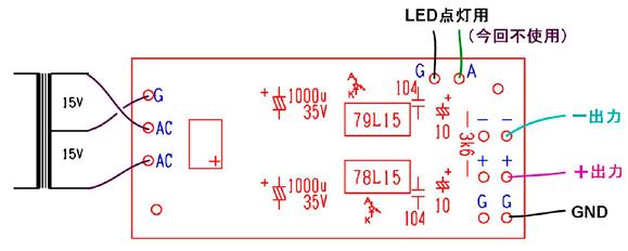 ( 経験者 ) そして 7293 の背面は負電源につながっているので 必ず絶縁シートを入れる 放熱板が他の金属類に絶対に触れない自信があれば省略しても構わない わりに +20V くらいの直流を AC 穴に入れ ( アースは G につなぐ ) 78L15 側の LED が光って出力に 16.
