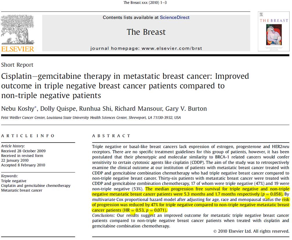 Efficacy of gemcitabine and cisplatin (GP) as first line combination therapy in patients with triple negative metastatic breast cancer: Preliminary results report of a phase II trial.