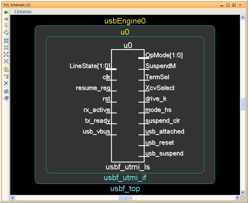 手順 4 : RTL デザインのエラボレーションと解析 RTL 回路図を確認 1. [RTL Netlist] ビューで usbengine0/u0/u0 インスタンス ( 前の選択の下レベルにある ) をクリックします 2.