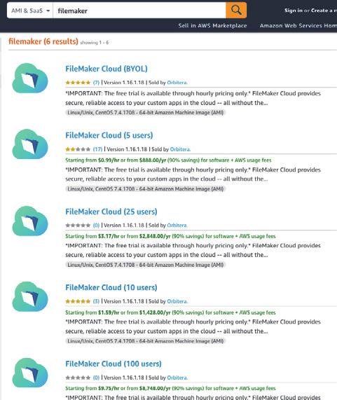 com/marketplace/ AWS Marketplace FileMaker FileMaker Cloud (5 users) (10 users) (25 users) (100 users) / FileMaker Cloud (BYOL) BYOL