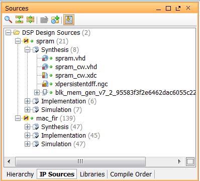 [Libraries] [Compile Order] タブのその他のソースファイルと一緒に表示されます [Sources] ビューで DSP モジュールを選択すると それに関連するファイルが表示され [Source File Properties] ビューにはそのプロパティが表示されます 注記 : DSP ソースは Tcl コマンドの create_sysgen を使用しても追加できます