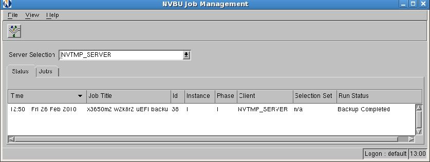 3.2.6. ジョブの完了の確認 Job Management 画面でジョブが完了したことを確認します 3.2.7. システムの再起動バックアップが完了したら 画面右上の電源ボタンを押してシステムの再起動を行います 再起動の際には BMR for NVBU Server/Client CD を抜いて内蔵ディスクから OS を起動します 3.3. リストア 3.