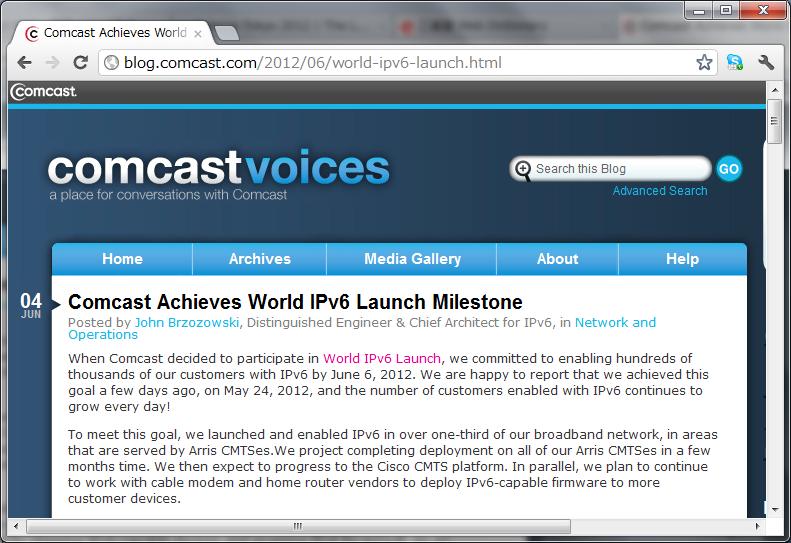 アメリカ Comcast での IPv6 サービス World