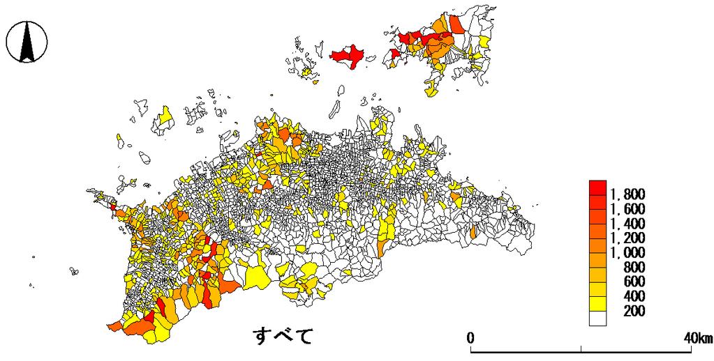 図表 44 A:: 全ての耕作放棄地面積を示した図 香川県における集落単位での耕作放棄地分布 ( 単位 :a)