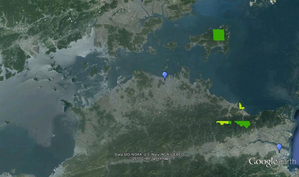 図表 49 香川県の陸上風力の賦存量 再生可能エネルギー導入ポテンシャルマップ ゾーニング基礎情報 ( 平成 23 年度版 ) より 香川県の陸上風力の賦存量を示したもの 年間平均風速 (5.5m/s~6.5m/s) は黄緑色年間平均風速 (6.5m/s~7.5m/s) は緑色風力発電に適した風況は年平均風速が 6.