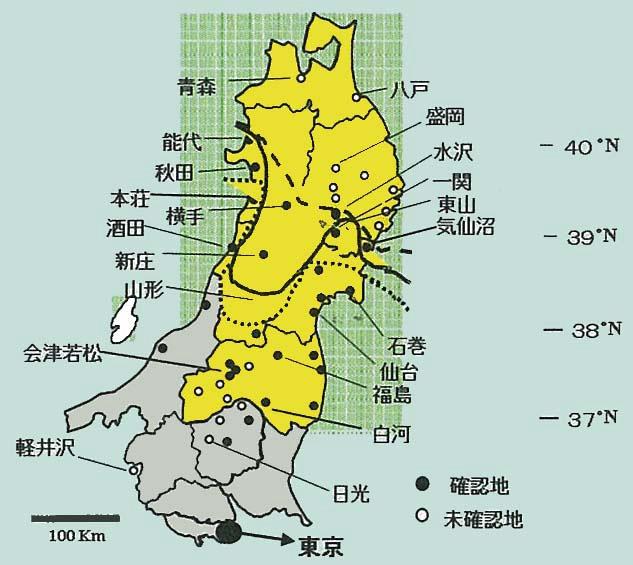 東北地方におけるヒトスジシマカの分布北限の移動 年々高温化する東京の気候は 亜熱帯気候だとも言われている その一つの現象として ヒトスジシマカの生息域が北上していることが右図よりわかる 東京の 高温化により ヒトスジシマカが越冬し 東北地 方で定着しつつある 2001-2004 年 2000 年 出典 ; 図解 何かがおかしい!