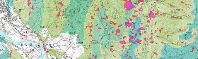 土砂崩壊位置の重合せ地形図 : 国土地理院 1:50,000 地形図 小千谷 使用地質図 : 産総研