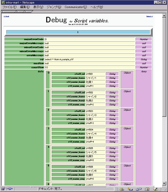 第 3 章 さまざまなコンポーネント群 (im-bizapi) の利用 9 デバッグ手順 開発者が作成したJavaScriptに対して Debug オブジェクトを用いてデバッグを行うことができます デバッグを実行すると デバッグメソッドで指定した部分のユーザ定義オブジェクトに関する名称 型 値 従属関係をデバッグ結果表示画面およびコンソール画面でチェックすることができます