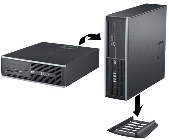 縦置きでの省スペース型コンピューターの使用 お使いの省スペース型コンピューターは HP から購入できるオプションの縦置き用スタンドを利用すれば 縦置き構成でも使用できます 1. コンピューターが開かれないように保護しているセキュリティデバイスをすべて取り外します 2. CD や USB フラッシュドライブなどのすべてのリムーバブルメディアをコンピューターから取り出します 3.