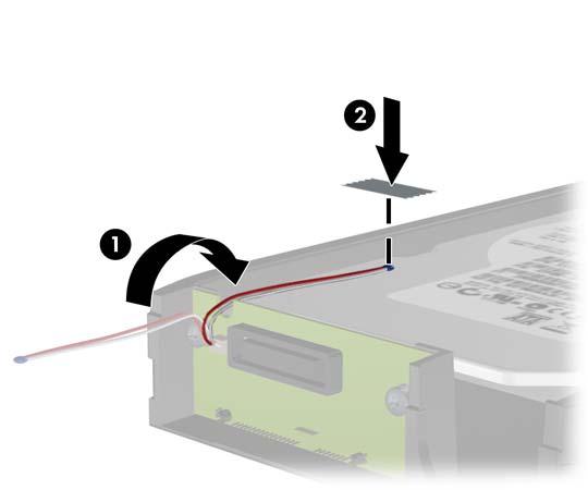 8. 温度センサーを ハードディスクドライブのラベルに重ならない位置に置き (1) 粘着テープを使用してハードディスクドライブ上に貼り付けます (2)